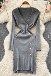 Robe élégante fendue à col en V et boutons pour femme, pull en tricot à manches longues